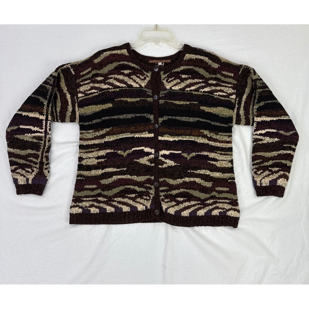 Peruvian Connection Cardigan Sweater Brown Patterned Knit Pima Cotton L